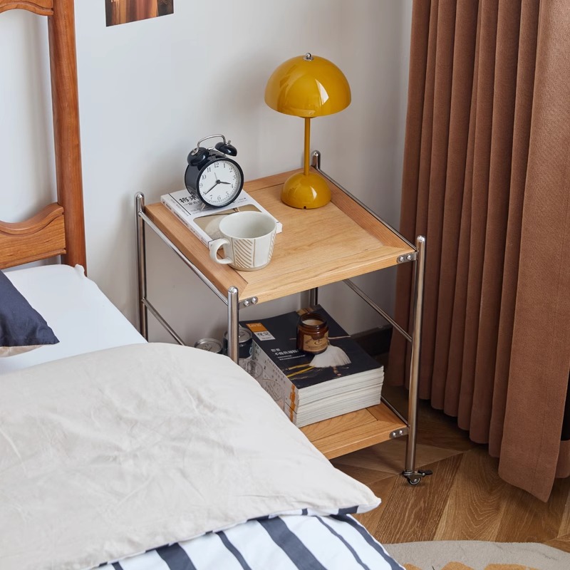 小H实木床头柜小型家用卧室简易简约现代可移动不锈钢置物架边几