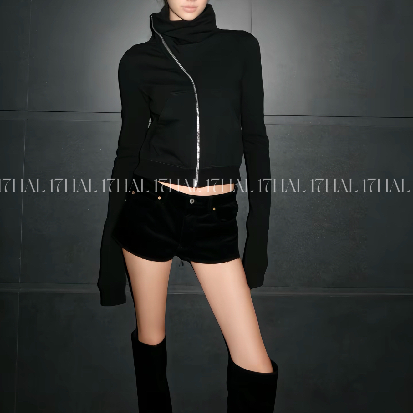 17HAL【暗黑先锋】RO风斜拉链飘带无帽高领修身罗纹袖卫衣22059