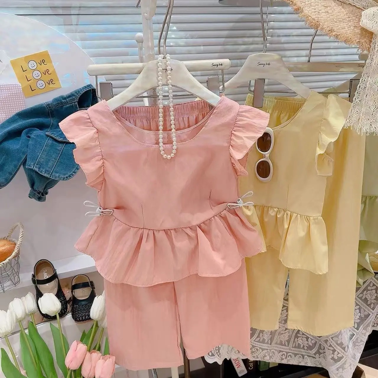 儿童荷叶边纯色夏款花边公主长裤套装