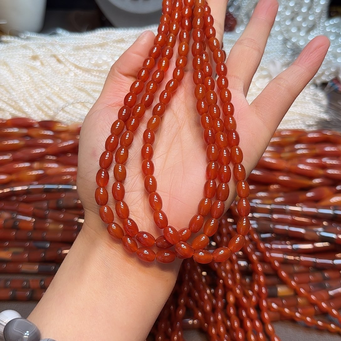 玛瑙/玉髓合金珠宝半成品6✖️8mmA货红玛瑙米珠一条
