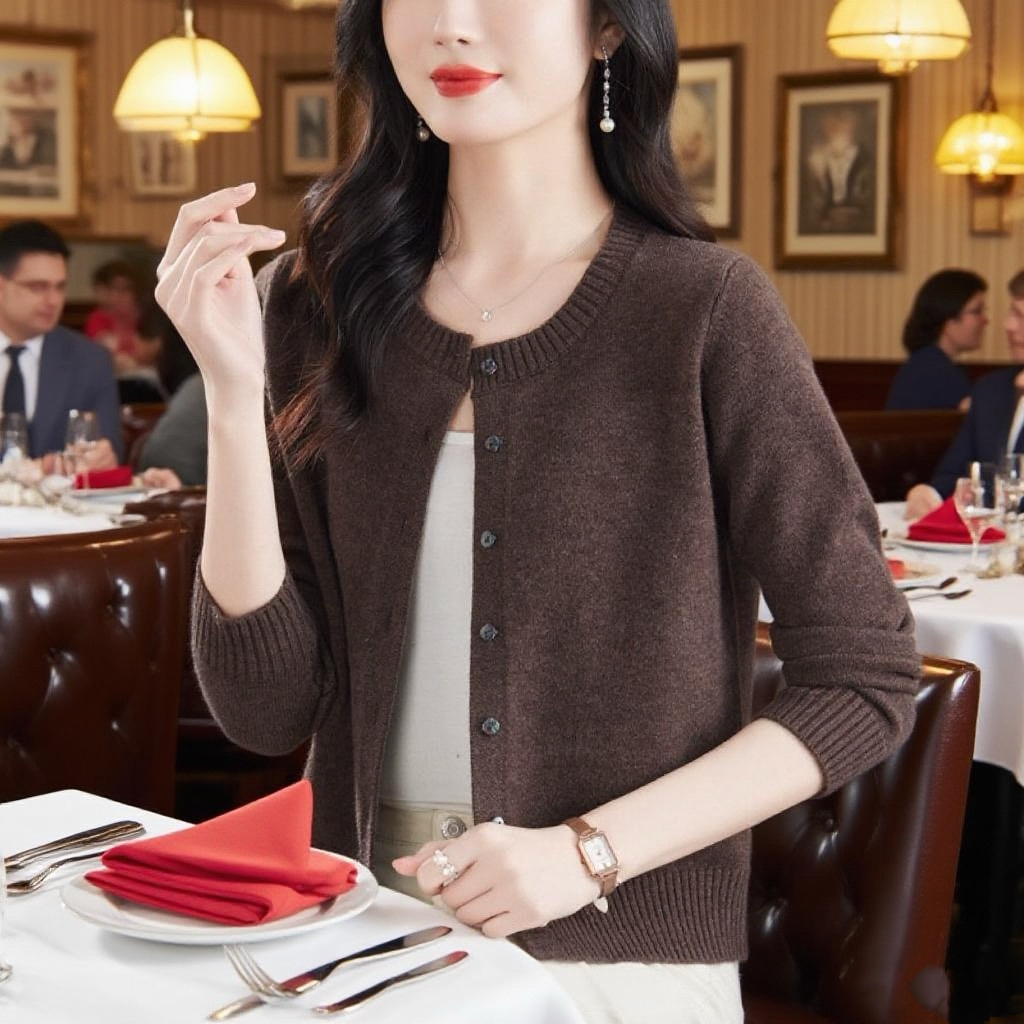 羊毛衫女圆领妈妈针织开衫外套春秋宽松短款毛衣外搭专柜正品