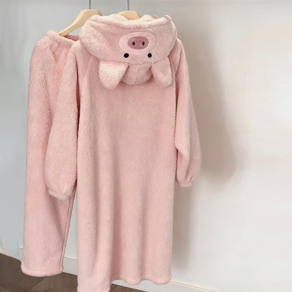 秋冬季珊瑚绒睡衣女加绒加厚粉色小猪连帽睡袍可爱浴袍家居服冬天