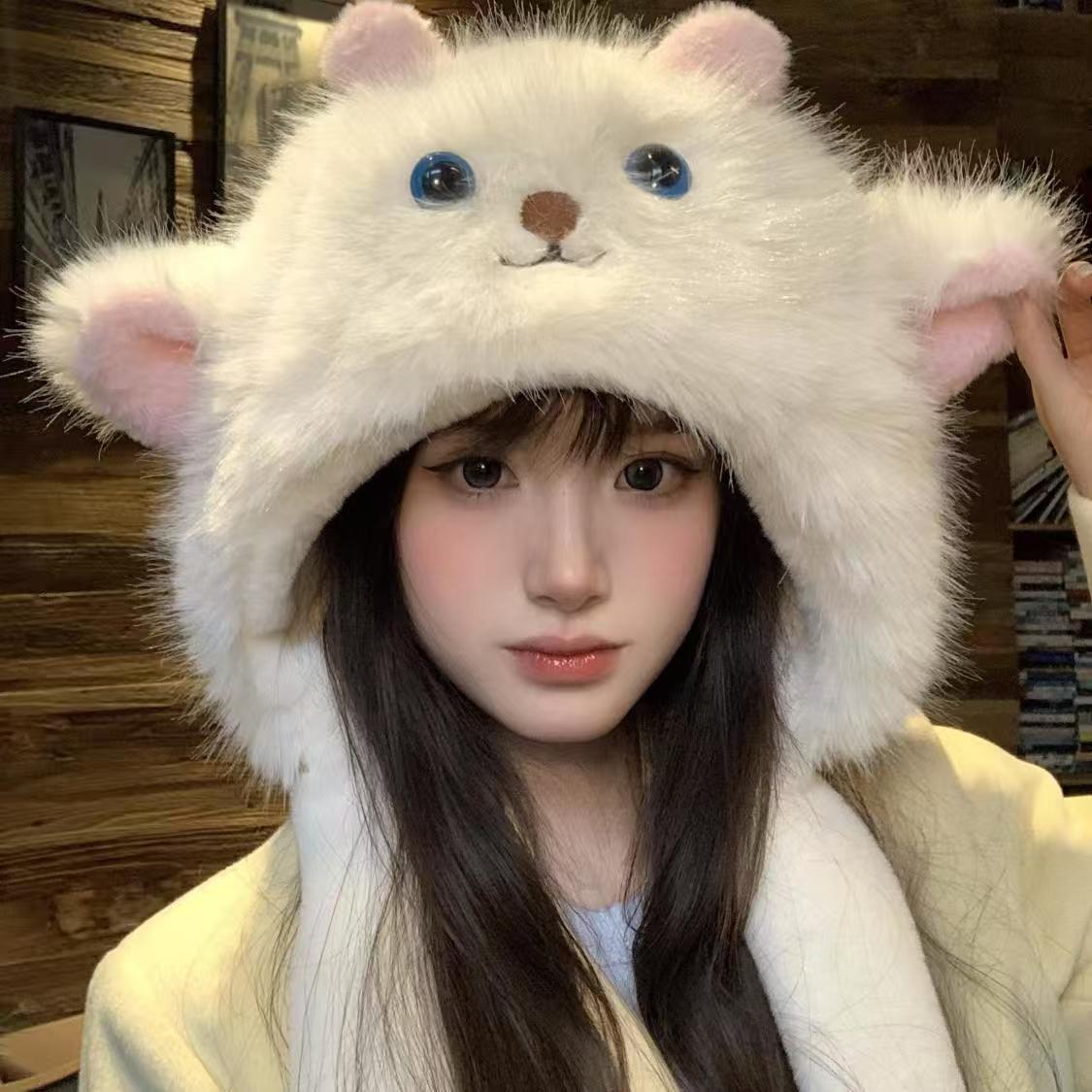 捏耳小羊冬季网红卡通加绒加厚毛线帽子女保暖捏捏耳朵会动防寒