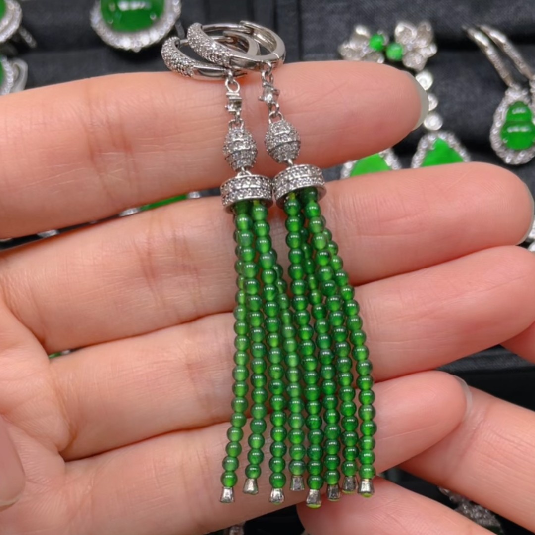 天然翡翠A货珠串耳包坠925银镶嵌