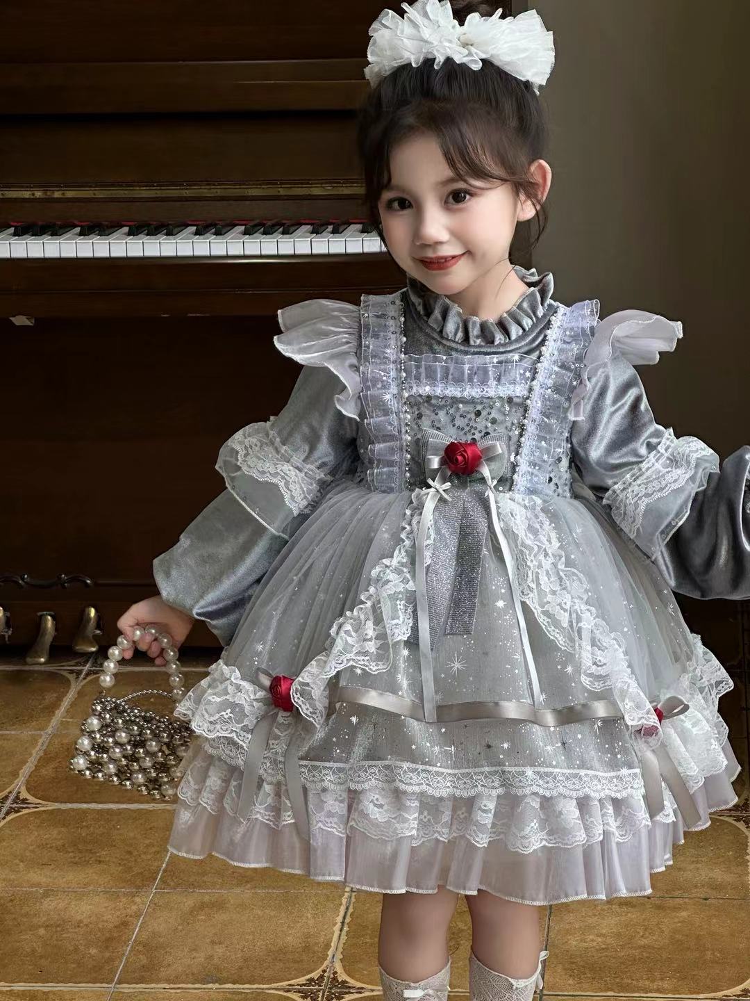 女童灰姑娘洛丽塔公主裙2025新款花边洋气儿童加绒高定加厚连衣裙