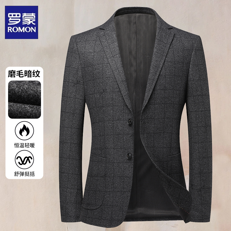 Romon/罗蒙 秋冬法兰绒印花格子男士休闲西服针织弹力西装外套