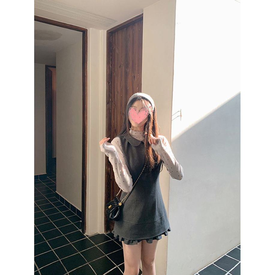 高领气质波点长袖打底上衣学院风秋冬新款打底外穿无袖连衣裙套装