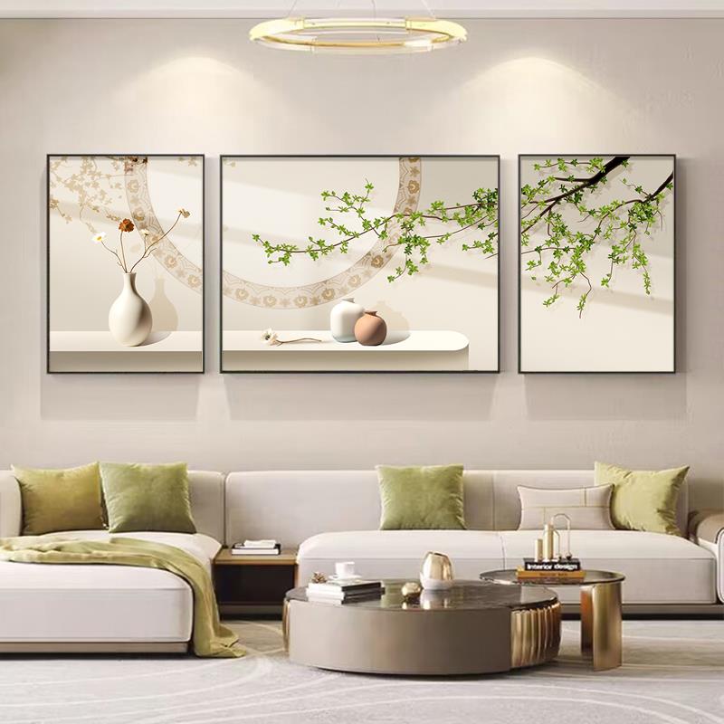 奶油风客厅装饰画北欧小清新餐厅三联壁画光影绿植沙发背景墙挂画