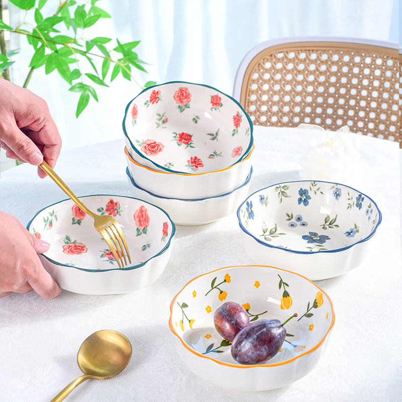 【6只装】繁花漫2025新款网红面碗沙拉碗陶瓷甜品碗高颜值釉下彩