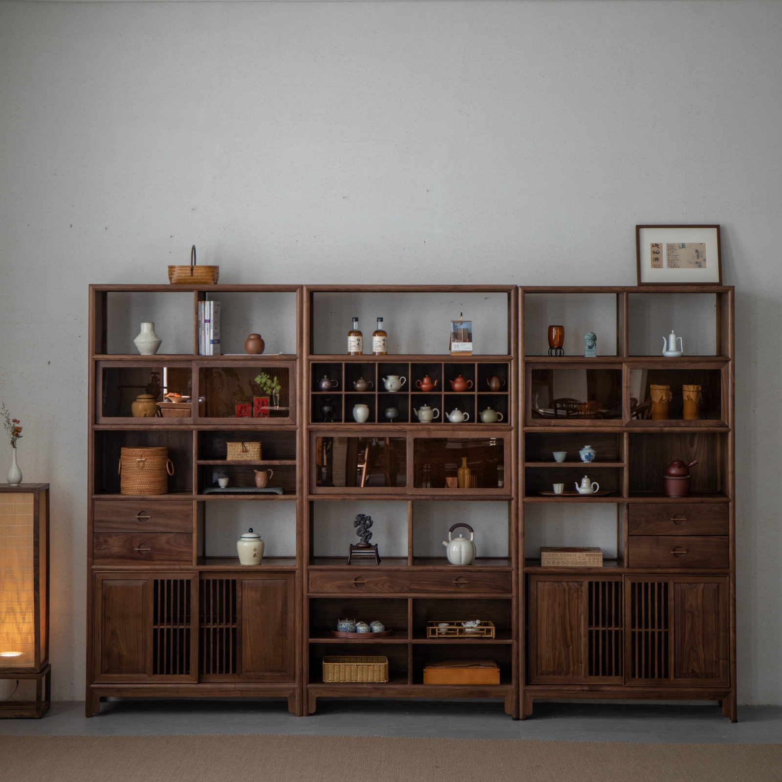 新中式实木博古架黑胡桃木展示柜老榆木置物架茶室