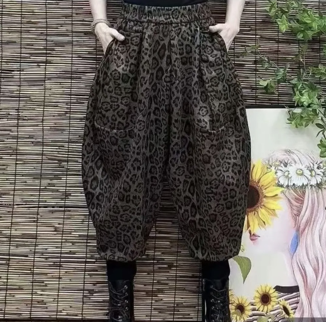 【萤锦】新款松紧腰口袋豹纹时尚休闲宽松小吊裆哈伦灯茏束脚裤显瘦