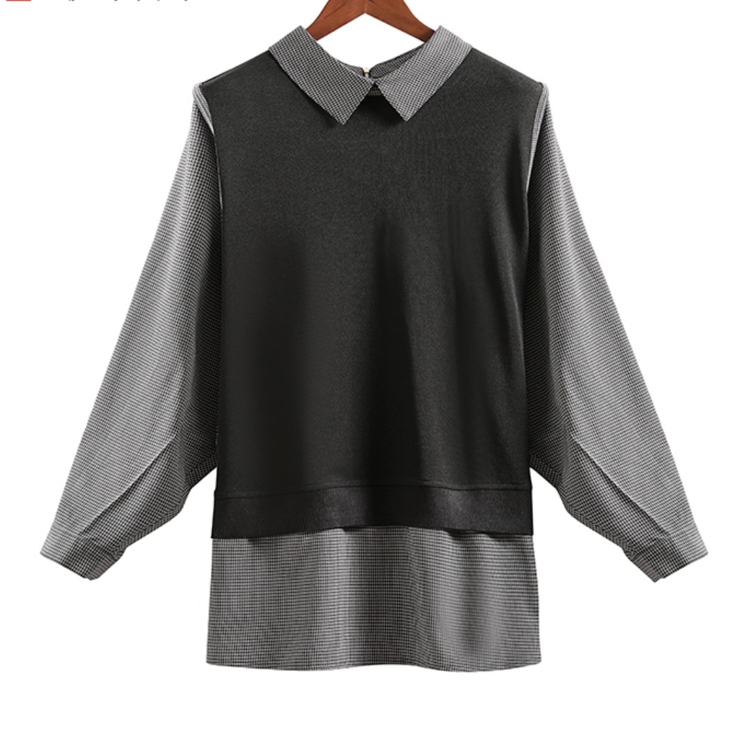 0100（24）大码洋气百搭假两件长袖衬衫时尚上衣