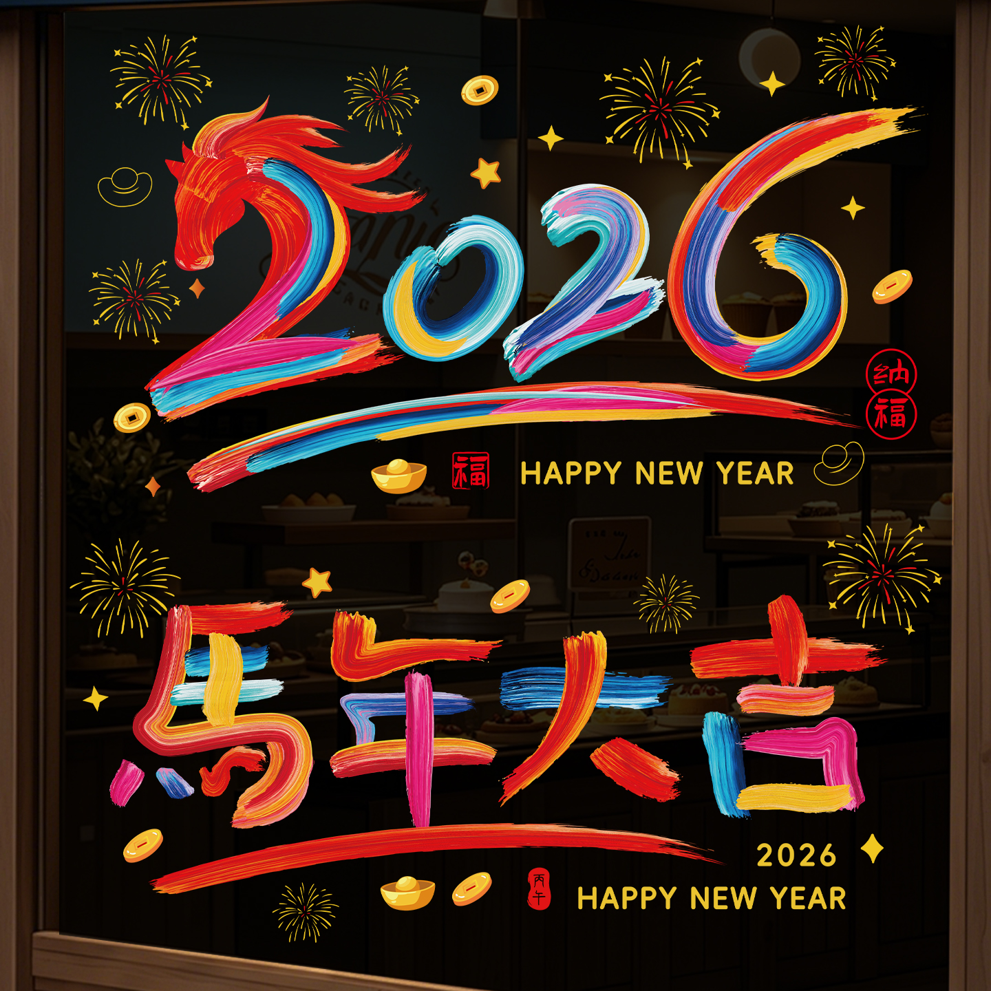 马年2026新年窗花多巴胺静电贴纸橱窗玻璃门贴画春节过年元旦装饰