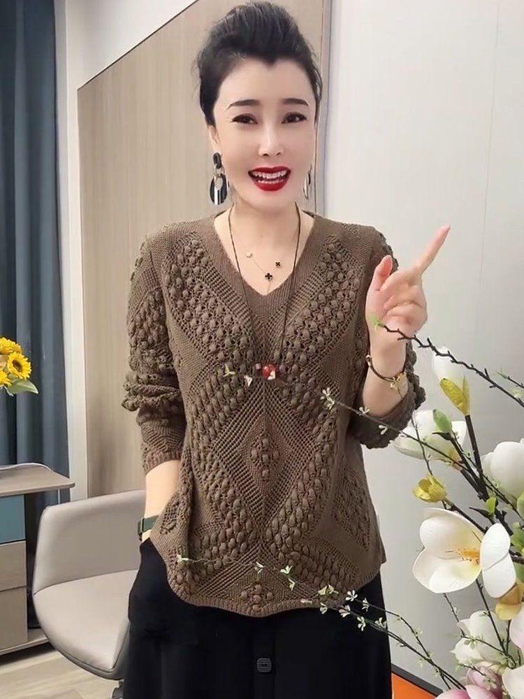 洋气气质长袖上衣秋季韩系新款慵懒时尚镂空宽松针织衫女装毛衣女