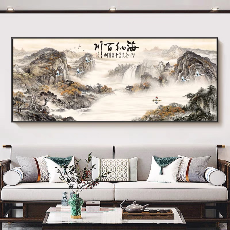 （海纳百川横幅画）客厅沙发壁画晶瓷手工镶钻装饰挂画山水画