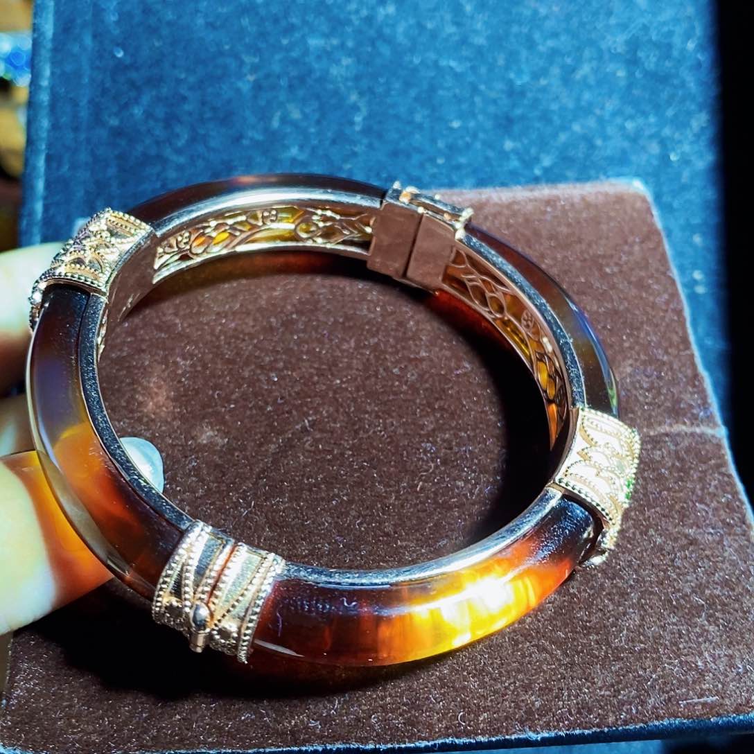 蓝珀裸石银S925镶嵌红蓝珀开口镯