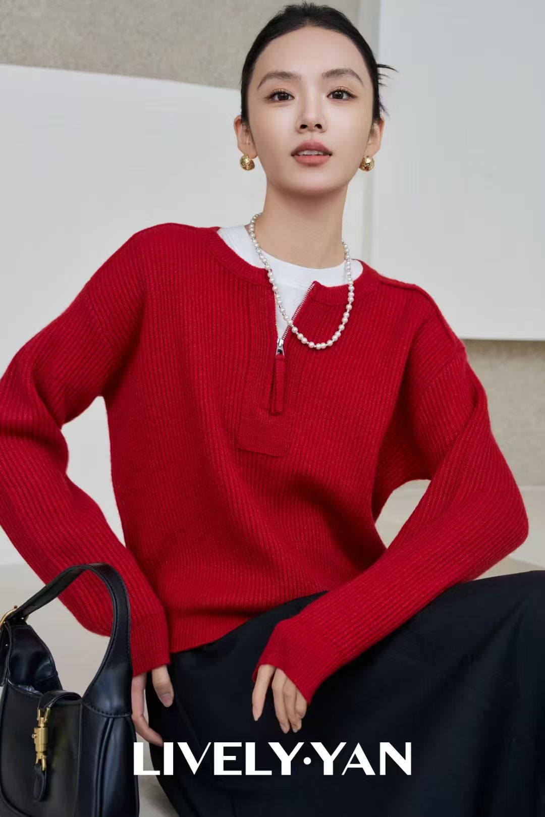 俪妍 冬款 复古港风圆领厚款长袖针织半开领毛针织衫宽松型红色