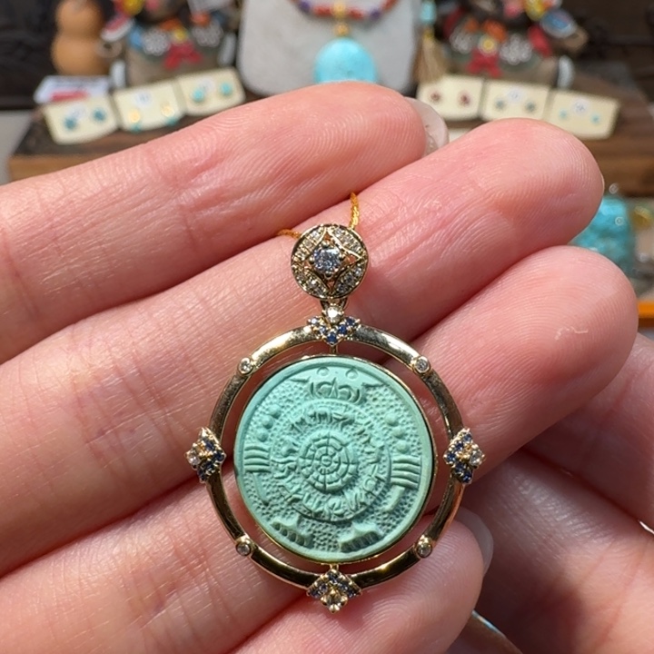 绿松石18K金镶嵌吊坠(不含链)八卦牌