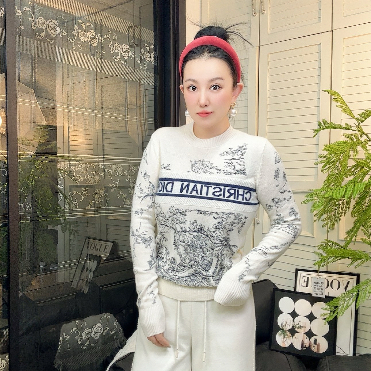 秋冬新款时尚慵懒风字母重工刺绣圆领针织羊毛女毛衣D水墨画