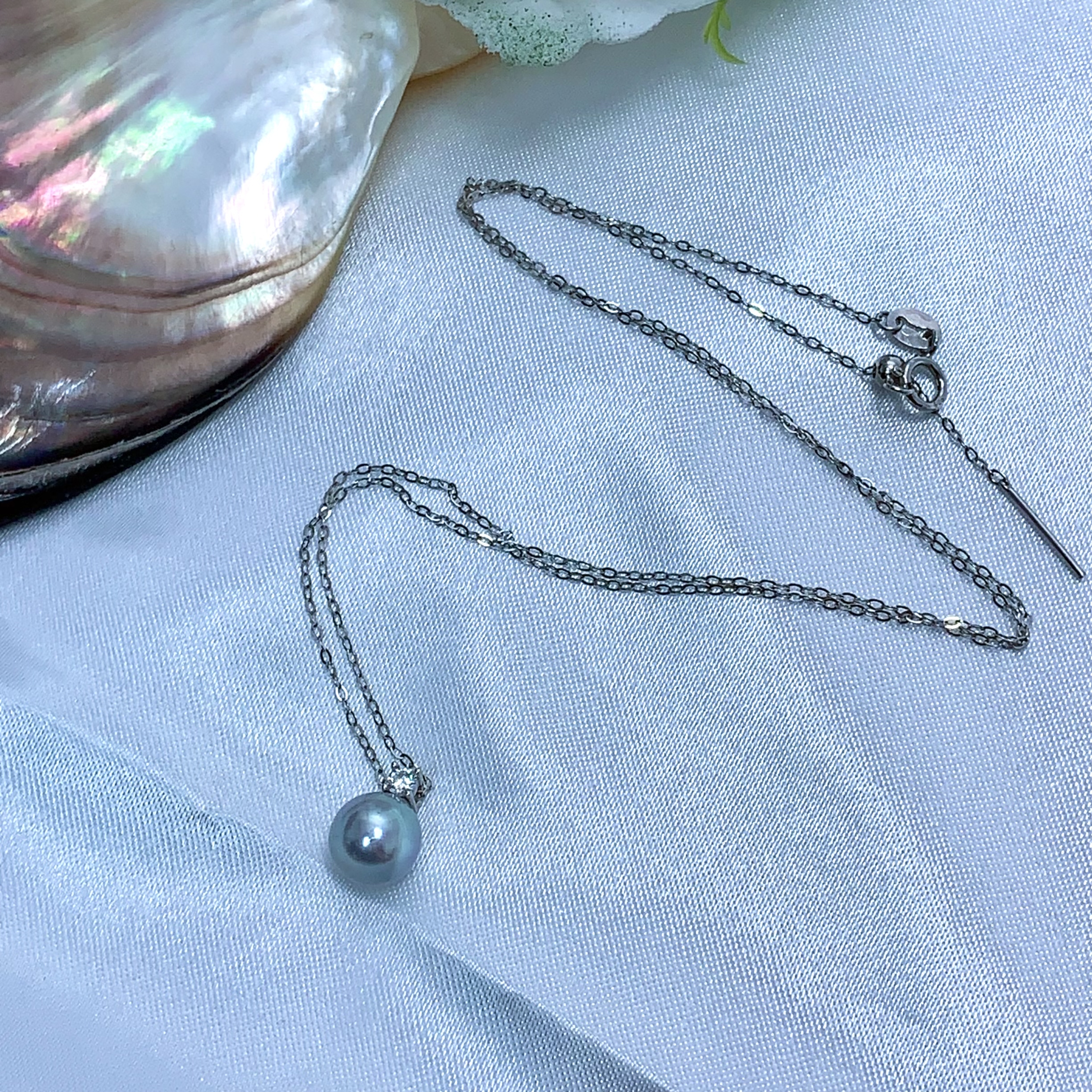 S925银海水灰珠王妃吊坠 7-8MM Y319