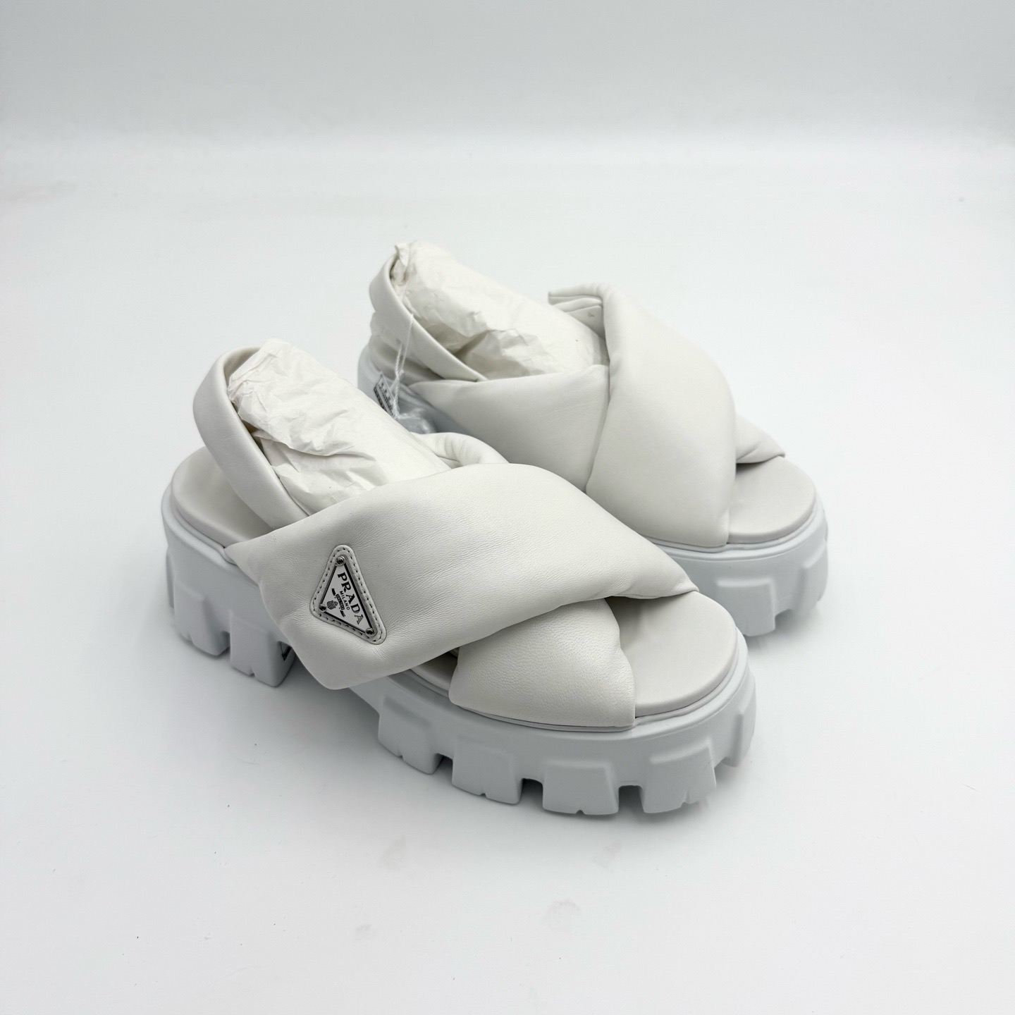 未使用 Prada/普拉达 37码/Prada白色绑带厚底凉鞋/pp1035
