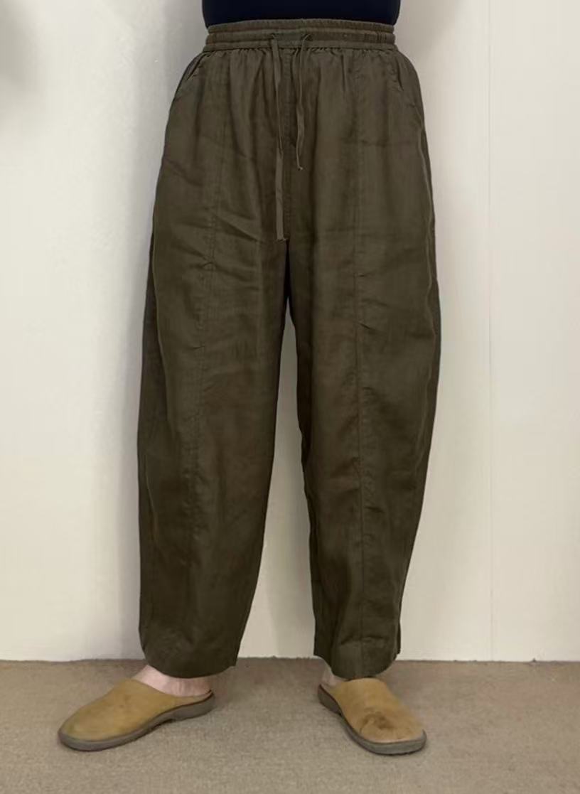 001汉亚麻休闲夏季宽松纯色松紧腰老爹裤冰凉透气吸湿排汗九分裤