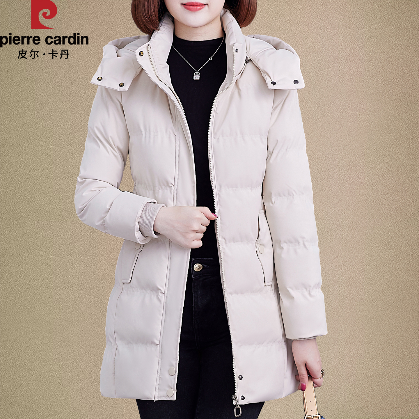 皮尔卡丹白鸭绒羽绒服女中长款冬季2025新款加绒加厚保暖时尚外套