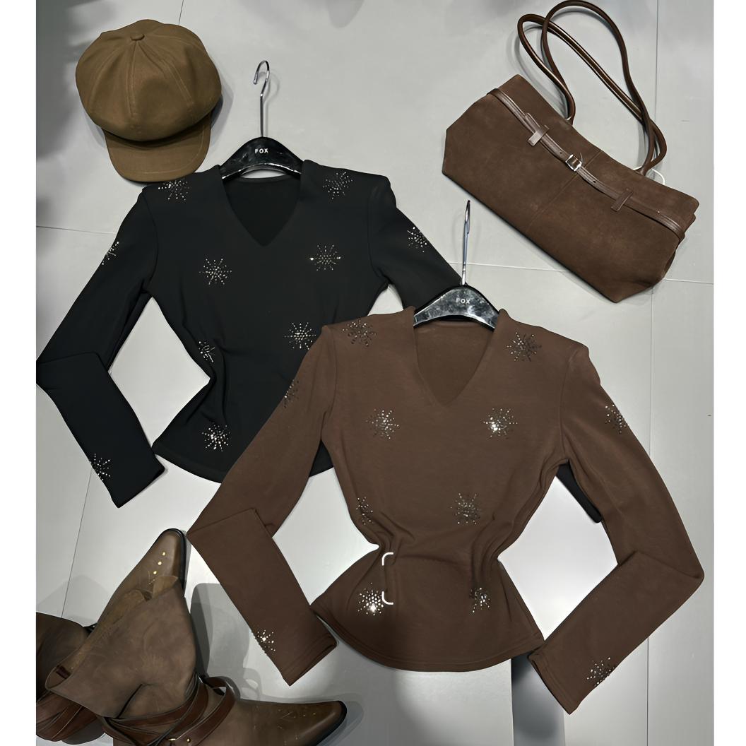 加绒-工艺热熔烫钻V领磨毛罗纹针织上衣6728