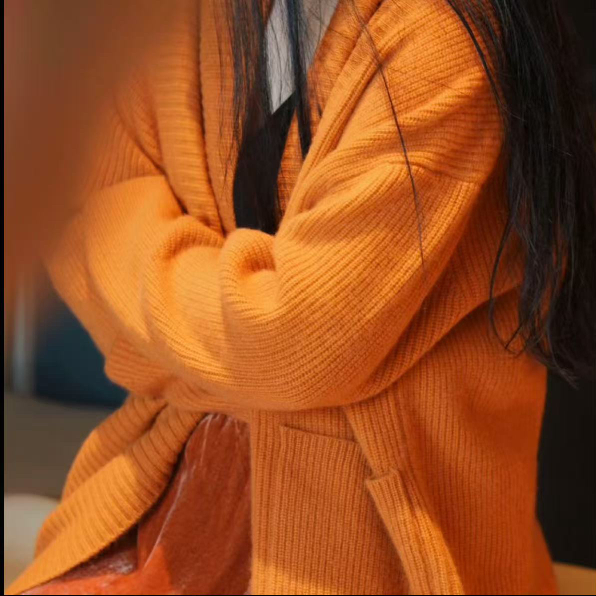 法式复古毛衣高级慵懒风棒针针织开衫重磅宽松大毛衣6190