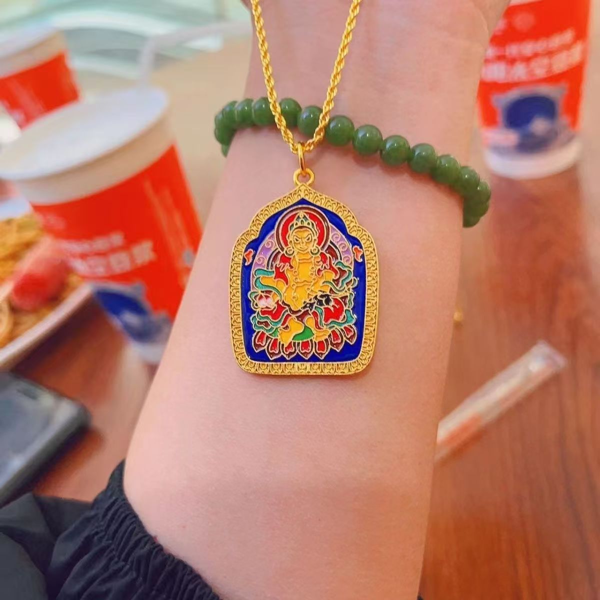 合金吊坠 复古手工彩色民族风国潮烧蓝镶嵌坠链项链