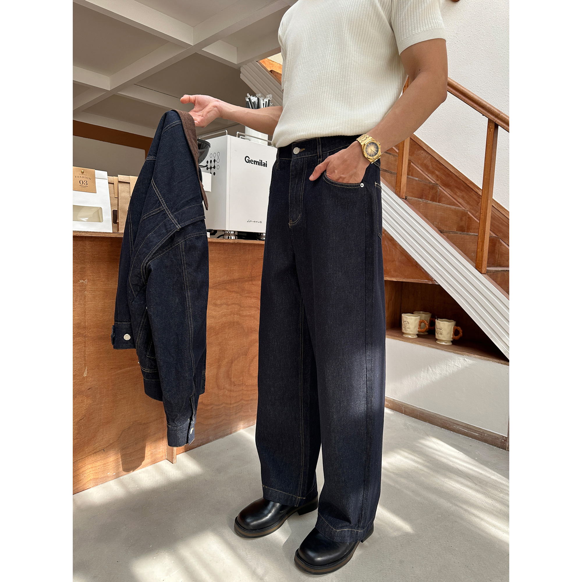 「丹宁原牛 垂感挺阔」原浆精棉做旧美式水洗宽松直筒阔腿牛仔长裤