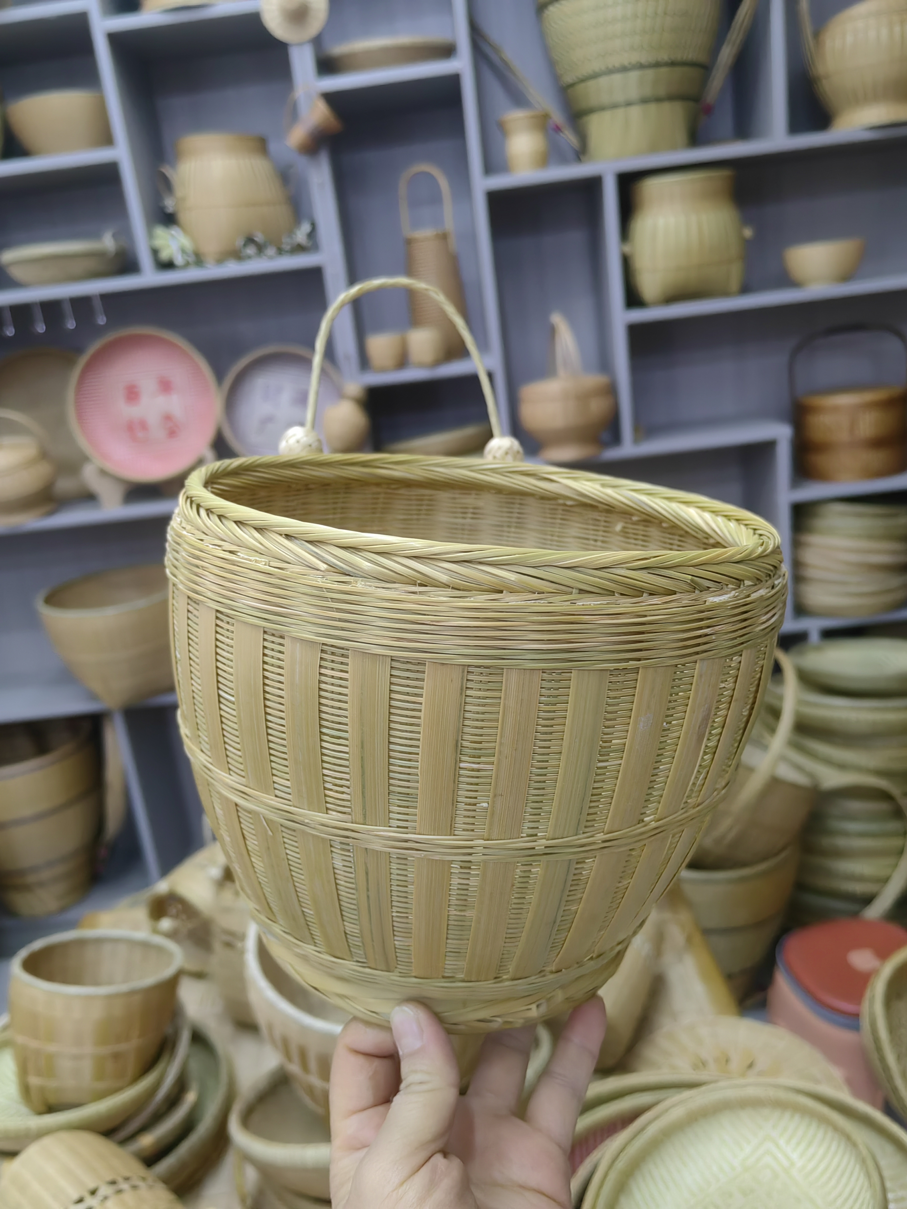 纯手工竹编圆形箩筐非遗精编竹青款家用收纳竹制品