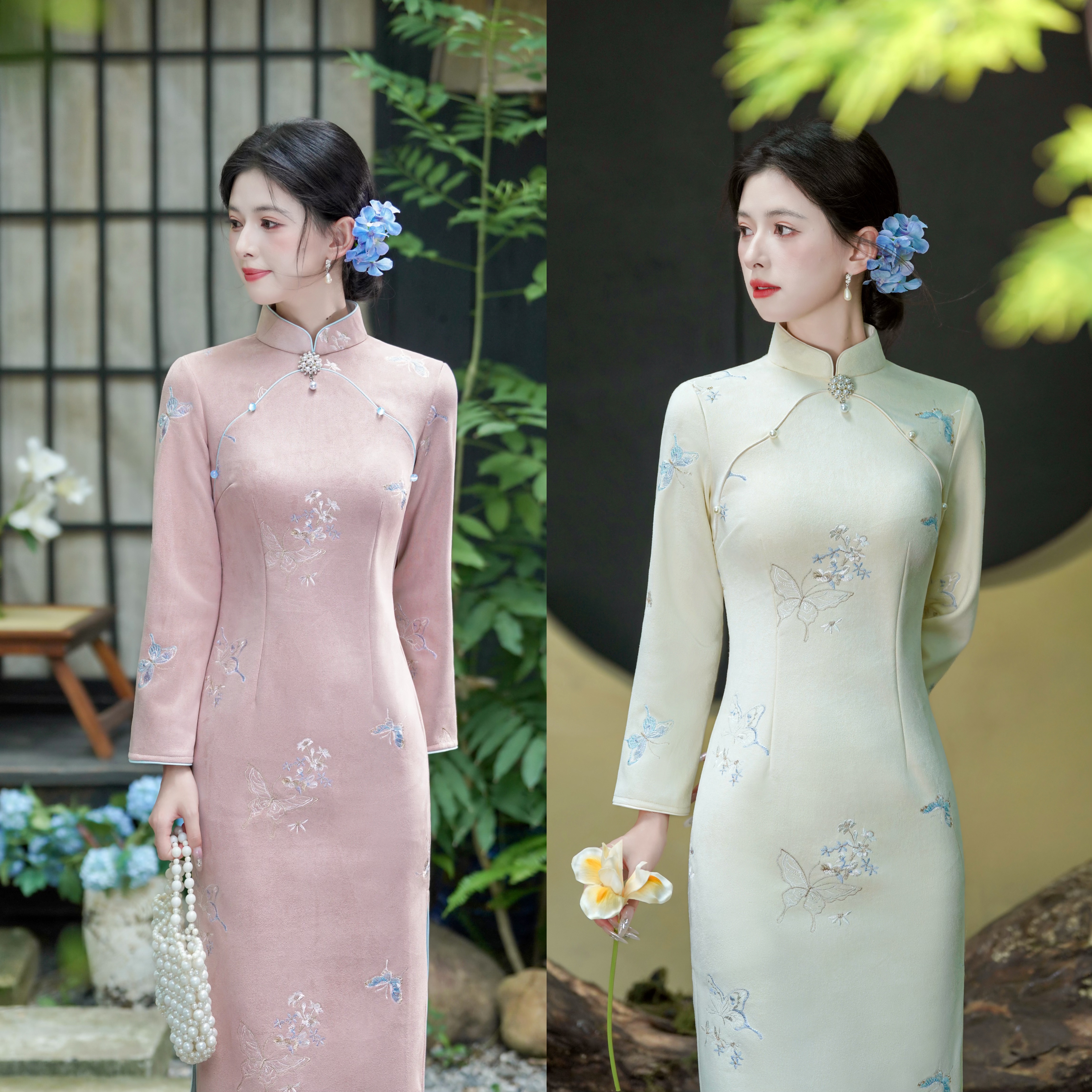 常规款刺绣长袖长裙常规袖旗袍修身冬秋季日常中国风