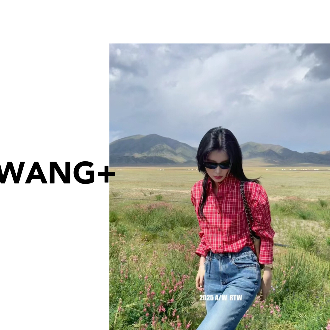 WANG+/红色格纹长袖衬衫女清冷休闲宽松上衣