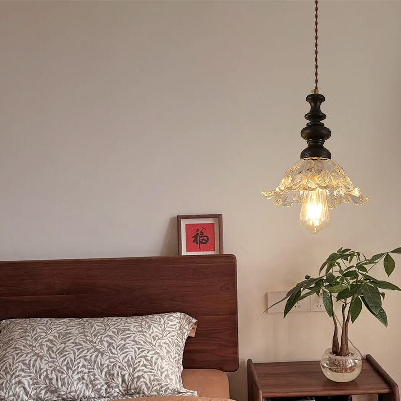 法式中古主卧室床头吊灯复古侘寂风实木布艺吧台房间衣帽间吊线灯