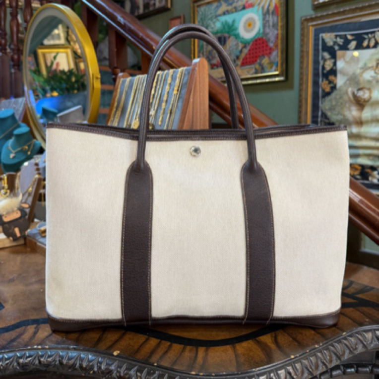 95新 Hermes/爱马仕 花园包36棕白拼接款