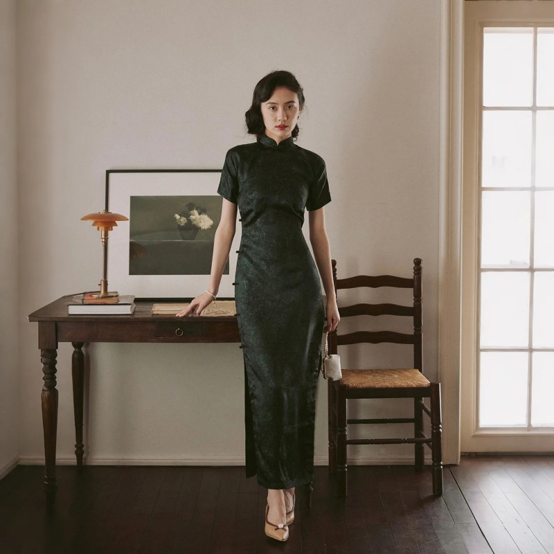 三分连袖全开襟盘扣长款 复古日常质感醋酸旗袍 京秋