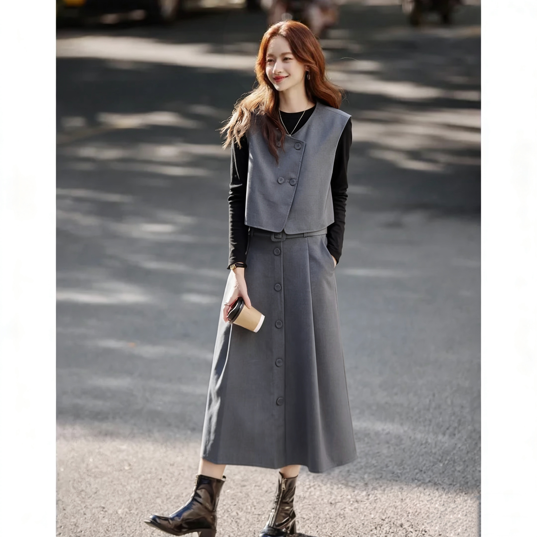 新款复古圆领马甲垂感拼接连衣裙两件套TQ606