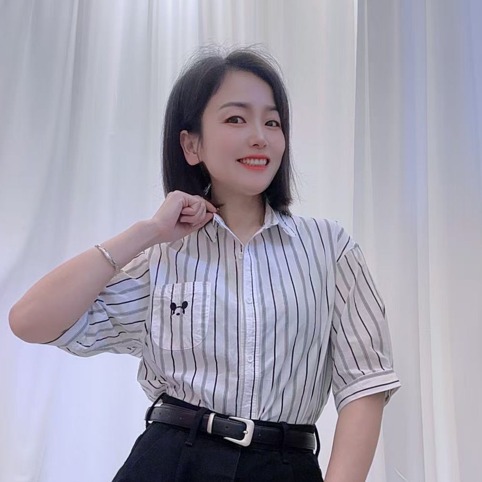 高级刺绣卡通米奇条纹翻领短袖衬衫休闲百搭