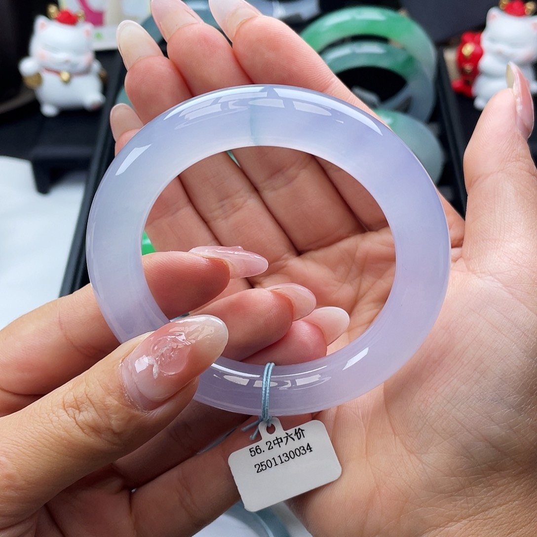 翡翠手镯未镶嵌56-57冰胶粉紫底色圆条、截图询价