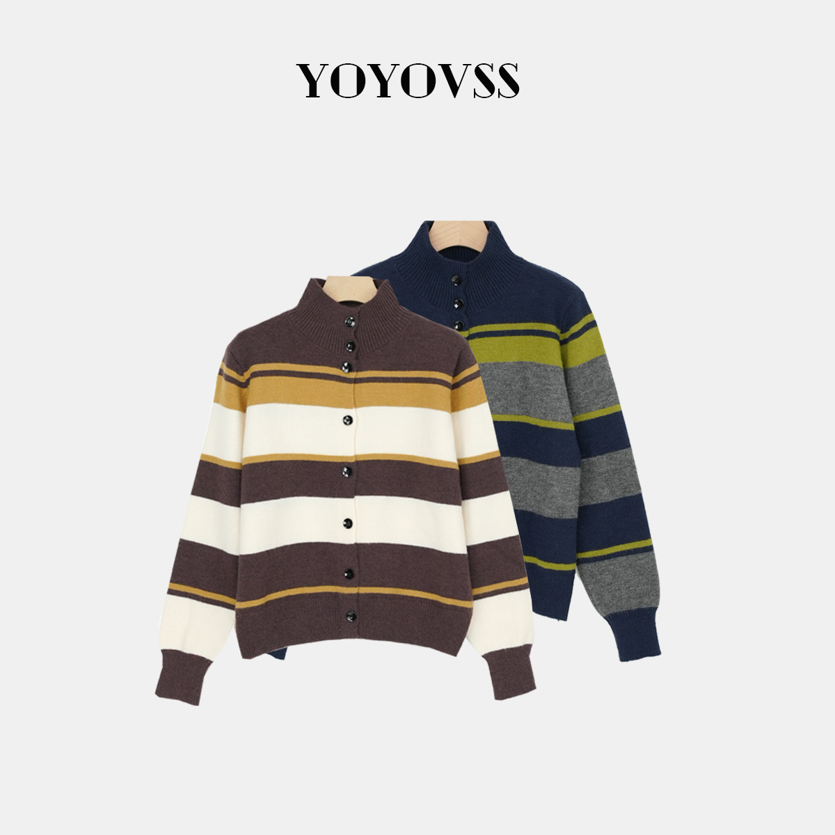 欧货撞色条纹翻领毛衣半高领休闲针织衫单排扣显瘦百搭长袖上衣女