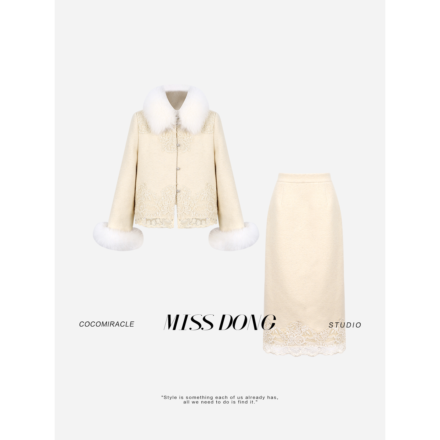 COCOMIRACLE【素锦流年】新中式狐狸毛羽绒外套+半身裙Q58TZ6187
