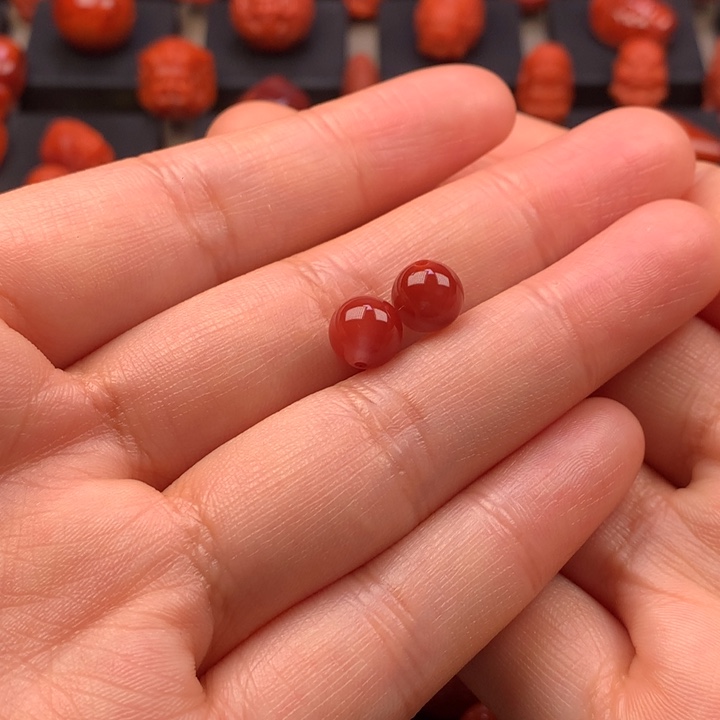 南红玛瑙未镶嵌玫锦色圆珠对珠7.7MM