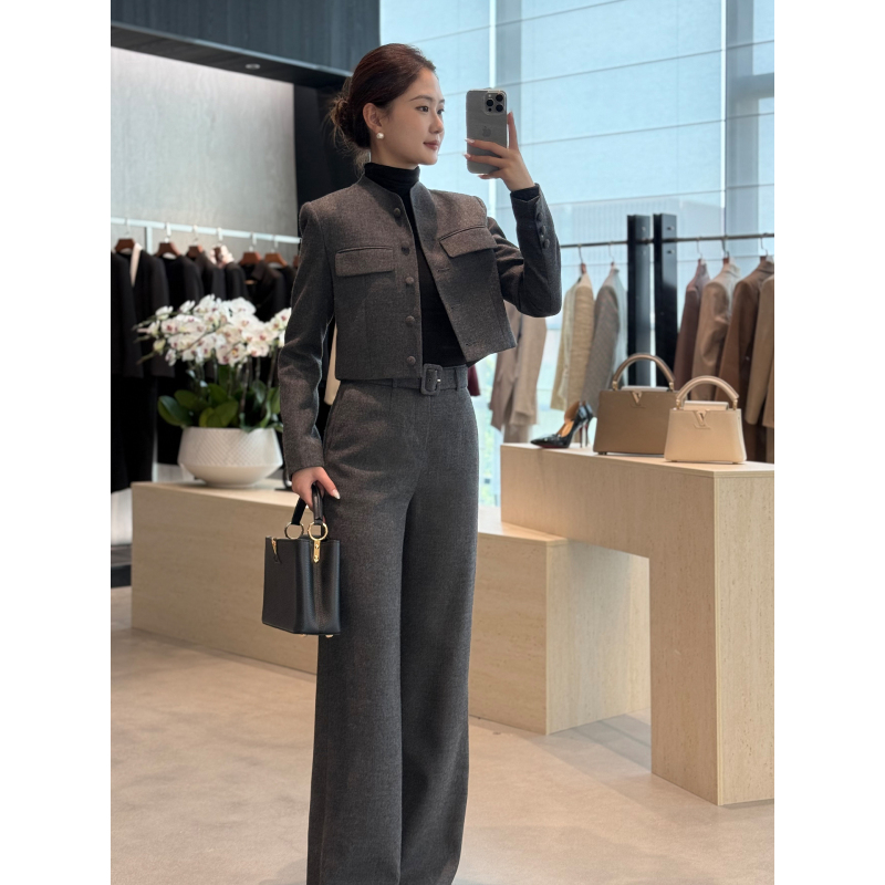 3720-秋季新款老钱风短款长袖西装外套时尚气质高腰阔腿裤两件套