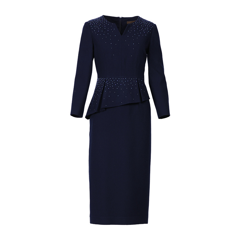 禧上加囍170176藏青色绵羊毛高级感修身显瘦假两件连衣裙婚宴日常