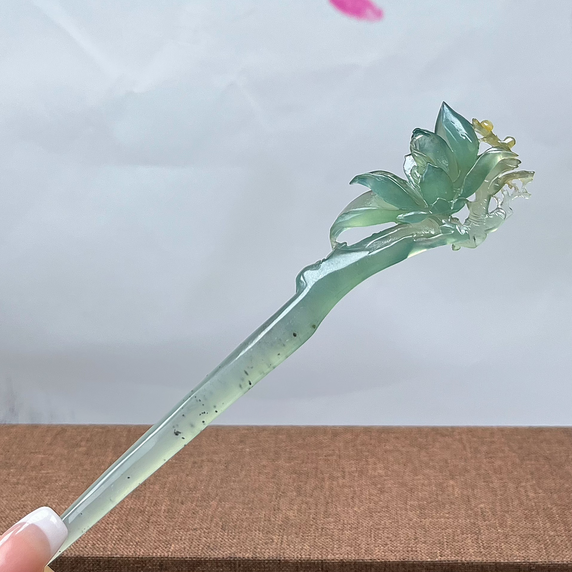 岫玉高品质蓝水兰花发簪   整体长度18.5cm  簪体入发长度13cm