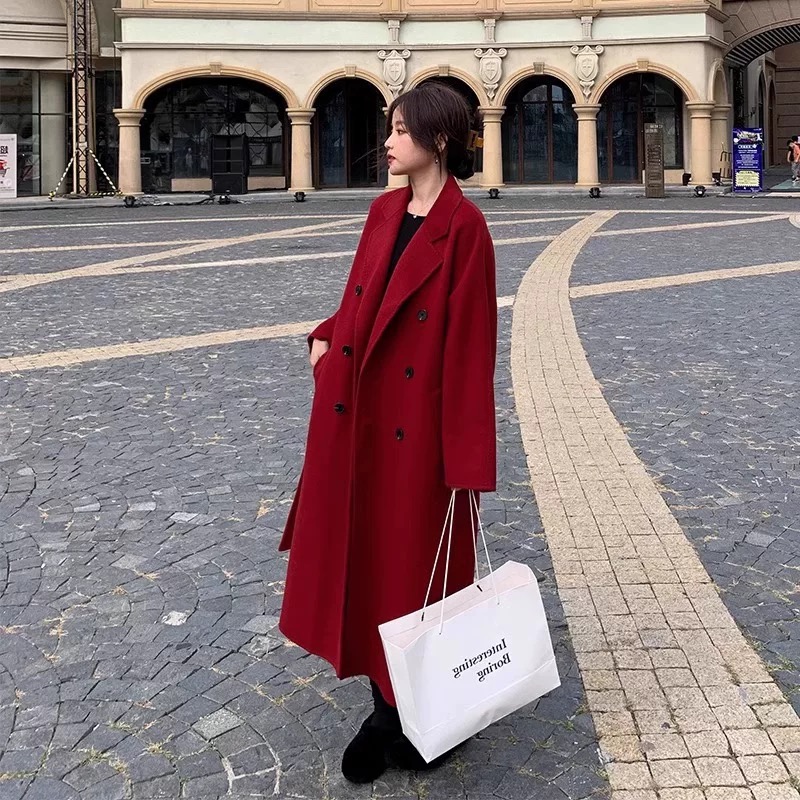 2025新款双面羊绒大衣双面毛呢外套宽松系带长款秋冬羊毛9858