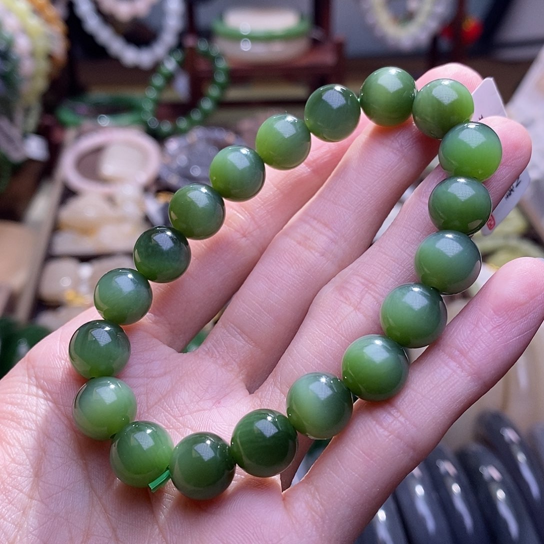 和田玉未镶嵌碧玉猫眼手串10MM