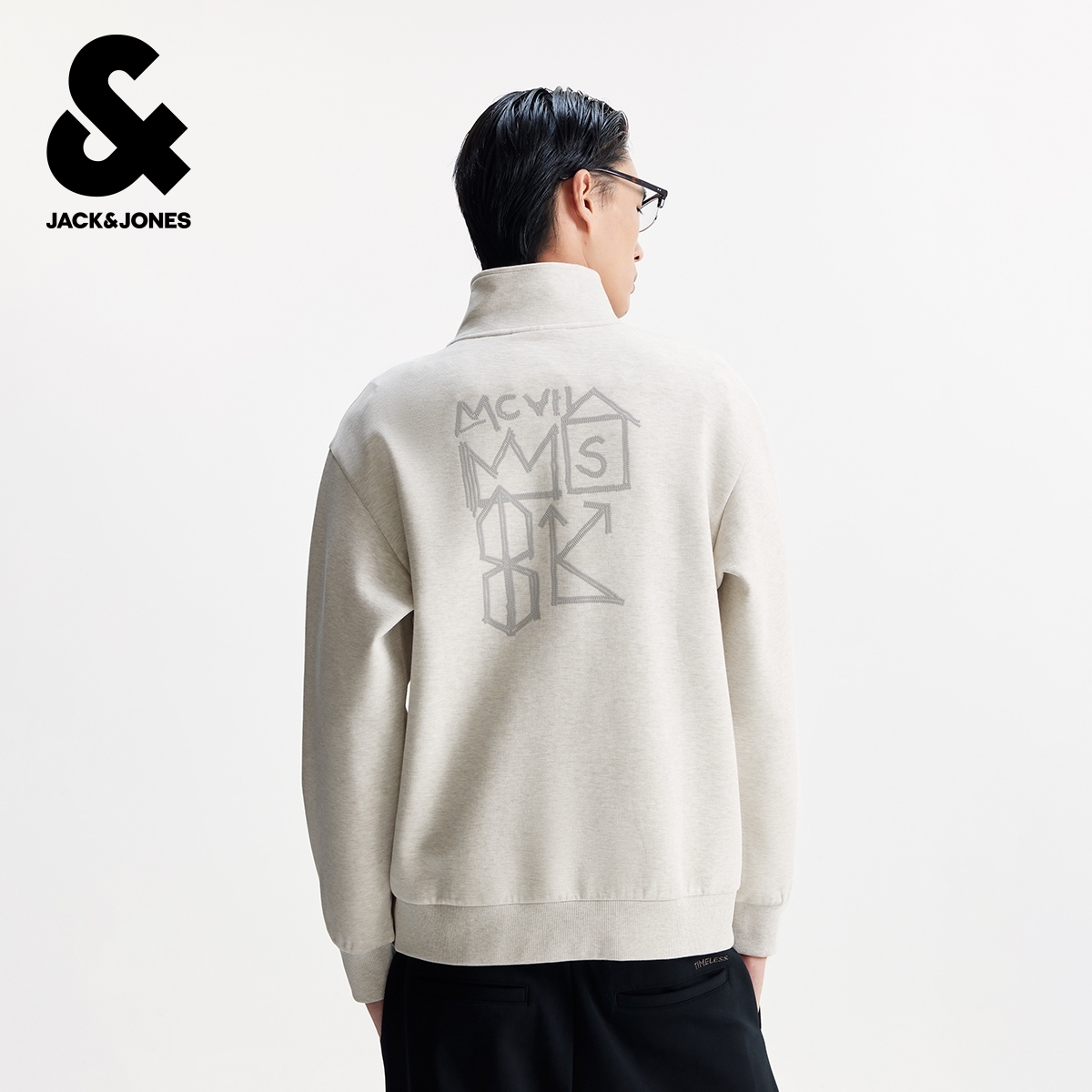 杰克琼斯BSQ联名款男装春季新款胶印图案休闲宽松半高领拉链卫衣