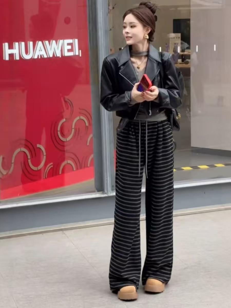 （琳琳家）秋季时尚流行条纹阔腿裤女爆款松紧腰显瘦显高拖地休闲裤